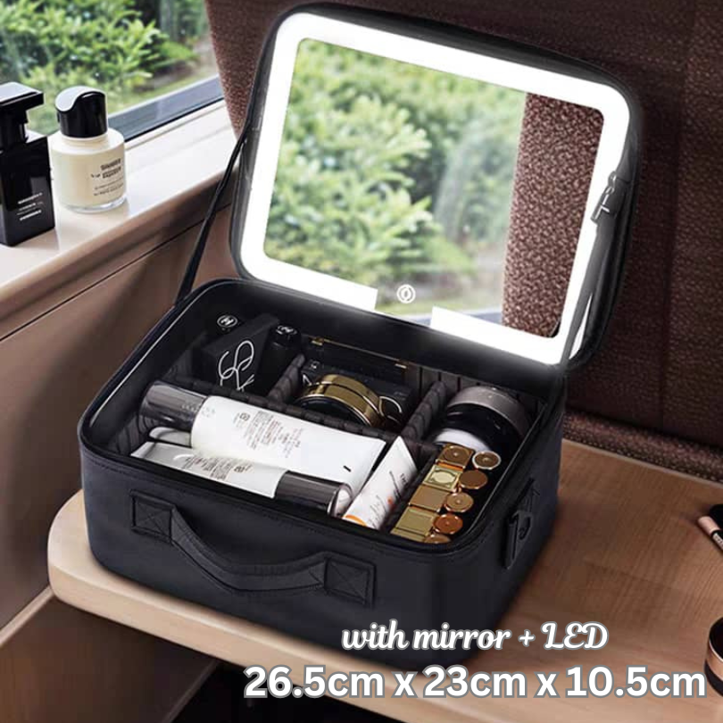 Large Capacity Portable Makeup Cosmetic Travel Skincare Organizer Bag for Women With Mirror, Mirror and LED